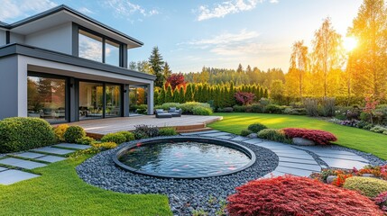 Obraz premium Zoom Virtual Background: Beautiful modern house with landscaped garden and pond at sunset. Sunshine Wallpaper