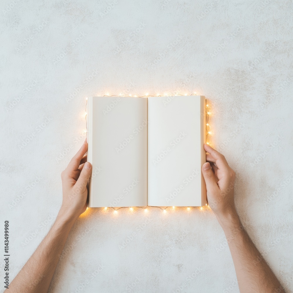 Poster Hands Holding Open Book Surrounded by Soft String Lights on a Minimalist Background