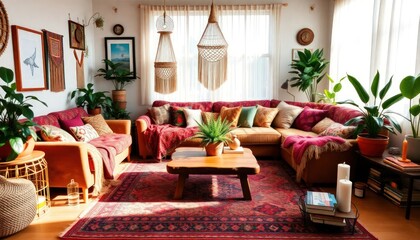 Obraz premium Bohemian Style - Living Room Interior Design with Bohemian Concept - Hotel Living Room Interior - Apartment Living Room Concept - Interior Design