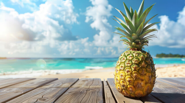 Refreshing pineapple on wooden table by beach under sunny sky