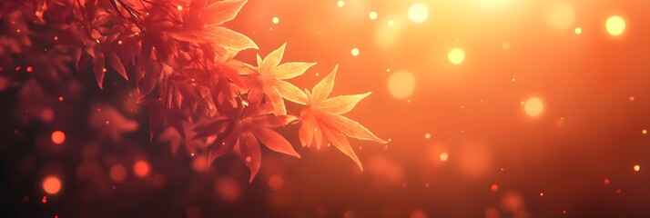 cluster of red maple leaves softly glowing against an orange bokeh background