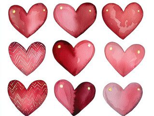 Fototapeta premium Watercolor heart shapes with vibrant patterns and glowing accents