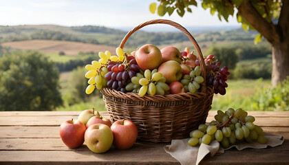 "A Rustic Woven Basket Overflowing with Ripe Apples, Pears, and Grapes on a Wooden Table with Soft Natural Light and a Blurred Countryside Background – Perfect for Fresh Farm Produce Imagery"