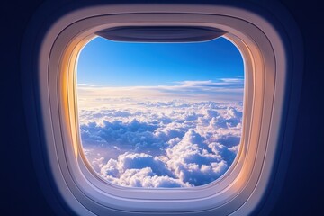 Airplane window view of fluffy clouds. Perfect for travel, adventure, freedom concepts.