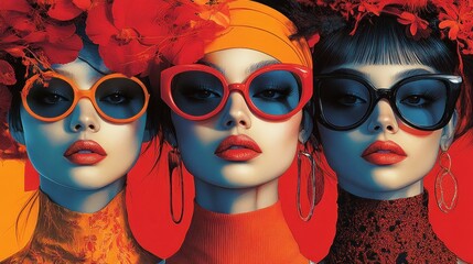 Obraz premium Three stylish women, red flowers, sunglasses.