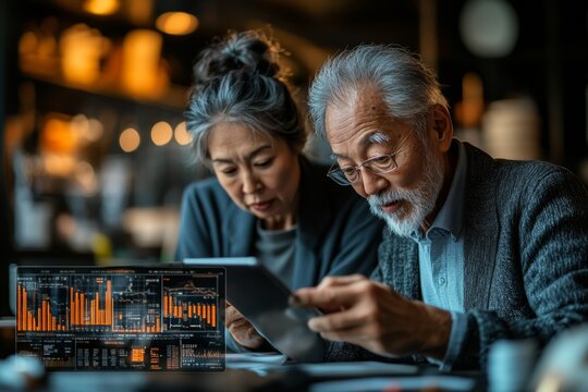 Elderly Couple Exploring Cryptocurrency Investments in Modern Kitchen Setting