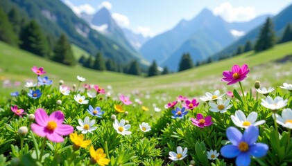 Obraz premium Alpine meadow blooms with a colorful mix of edelweiss, forget-me-nots and gentians, forgetmeot, wildflower