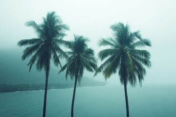 Three palm trees stand tall by a misty ocean. Perfect for travel, vacation, or tropical themes; evokes serenity and mystery.