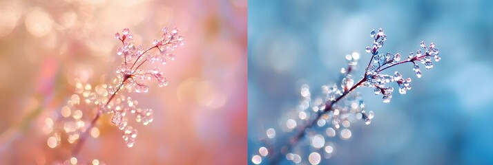 fresh plant covered in tiny dew droplets, glowing against a cool blue bokeh background evoking early morning serenity