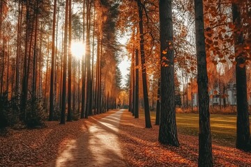 Obraz premium Enchanting Autumn Forest Path Bathed in Golden Sunlight by Generative AI