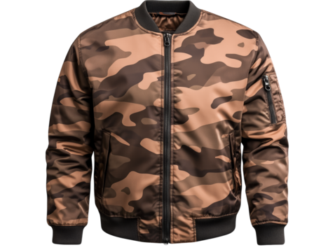 A trendy brown camouflage bomber jacket layered with classic black hoodie for stylish urban look