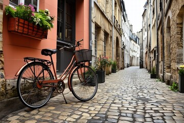 Fototapeta premium Rustic Bicycle on Cobblestone Street in Quaint Alleyway by Generative AI