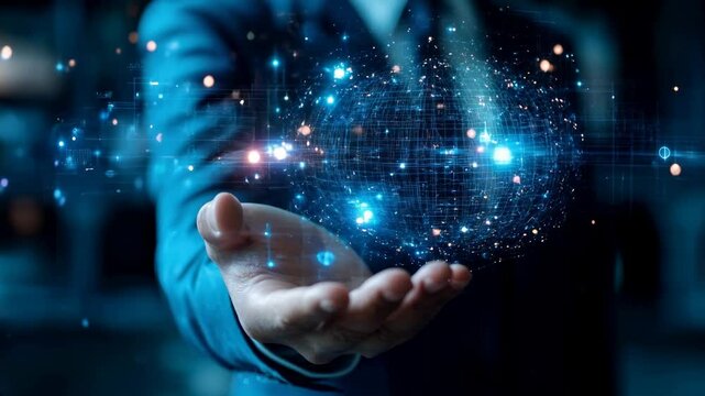 Futuristic Hands Holding Digital Globe with Neon Lights Illustrating Technology, Data, and Connections in a Professional Business Environment