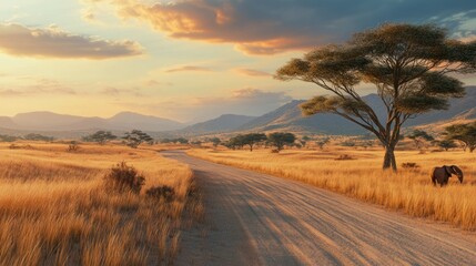 A tranquil sandy road at Mokala National Park, leading through the vast, dry landscape. Sparse trees dot the edges, while the sun sets behind distant hills, casting a warm glow on the scene.