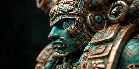 Fototapeta premium Close up of a bronze ancient Mayan-inspired robot, with aquamarine and dark green hues, generative AI