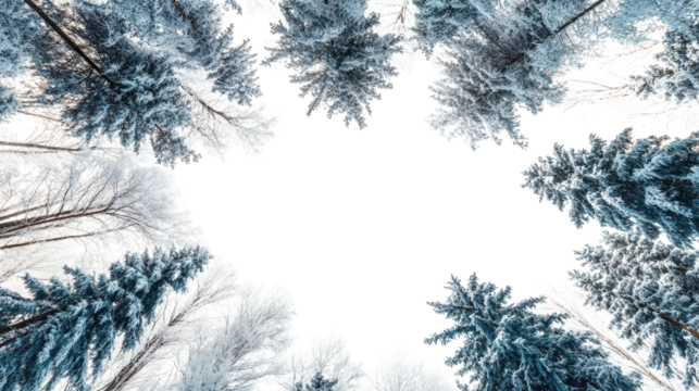 a low angle view of a snow-covered forest. looking up at the sky through the trees the branches of the trees are covered in snow and ice. creating a beautiful winter scene