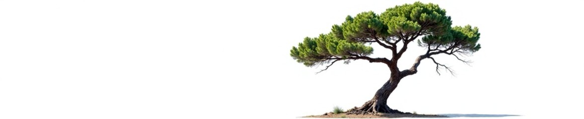 Fototapeta premium Ancient Mediterranean Cypress tree with gnarled trunk and twisted branches isolated on white background, nature isolation, mediterranean cypress, solitude