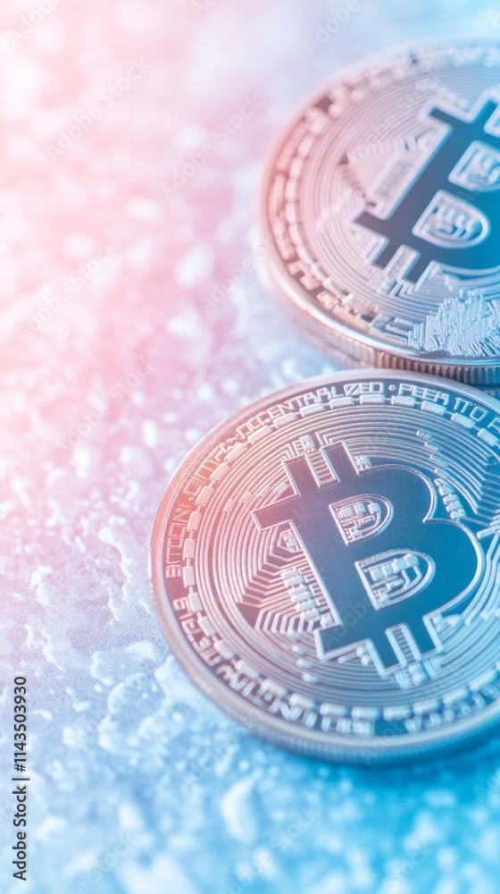 Aufkleber Vibrant Bitcoin Coins on Reflective Surface with Abstract Patterns