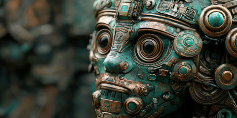 Fototapeta premium Close up of a bronze ancient Mayan-inspired robot, with aquamarine and dark green hues, generative AI