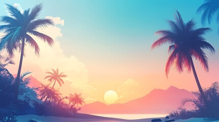 Fototapeta premium Vibrant sunset digital painting tropical landscape fantasy-inspired artwork. AI Generated