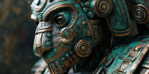 Close up of a bronze ancient Mayan-inspired robot, with aquamarine and dark green hues, generative AI