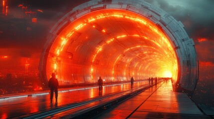 Figures walk toward glowing futuristic tunnel.
