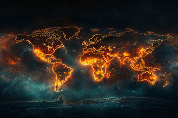 World map glowing with heat zones, visualizing global warming and Earth rising temperature trends