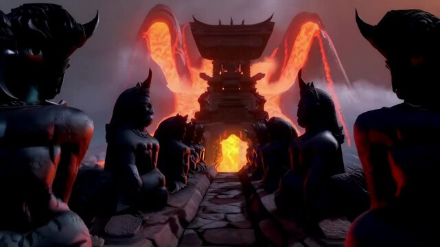 Volcanic Shrine: Picture an ancient shrine built on the rim of an active volcano,