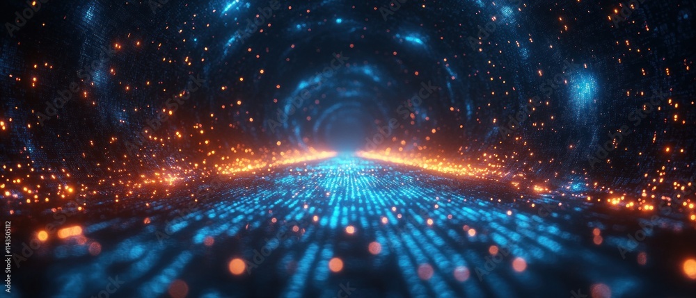 Fototapete futuristic digital tunnel of glowing binary code connected by vibrant blue matrix technology