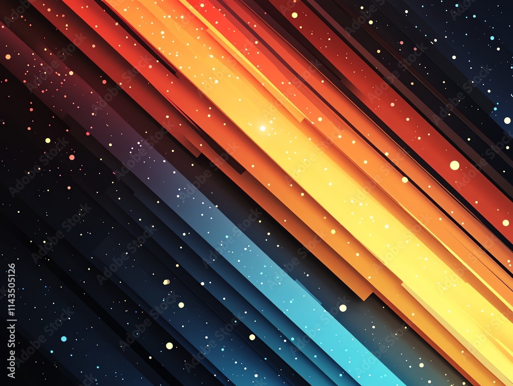 Poster abstract graphic design featuring vibrant diagonal stripes and a starry background.