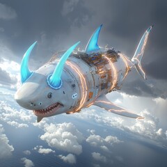 Obraz premium Futuristic Fish-Shaped Machine Swimming Through Cloudy Sky