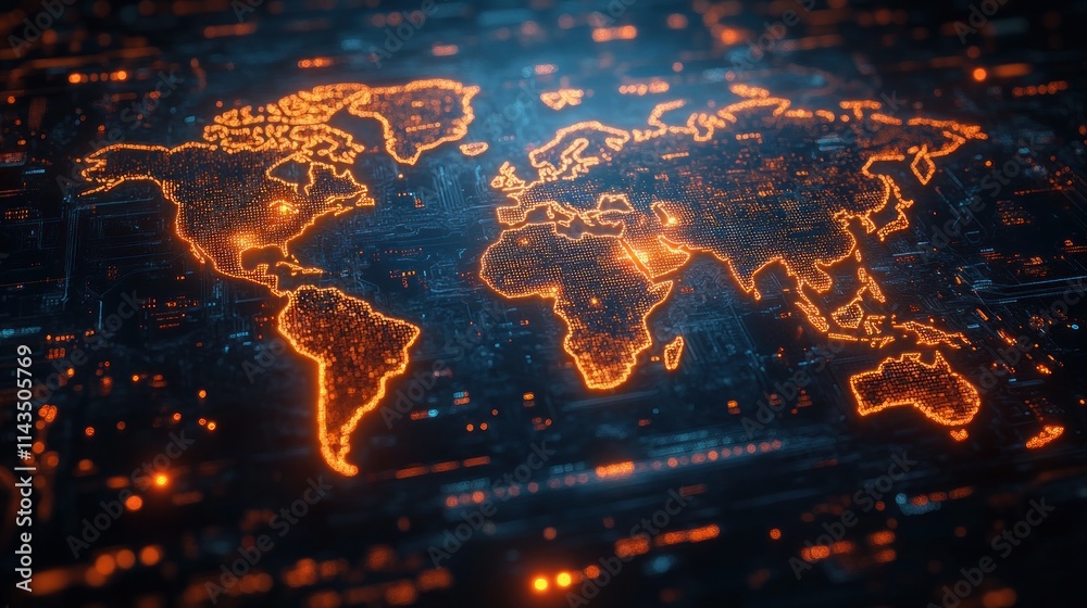 Poster futuristic world map cyberpunk concept global connectivity data transfer digital space