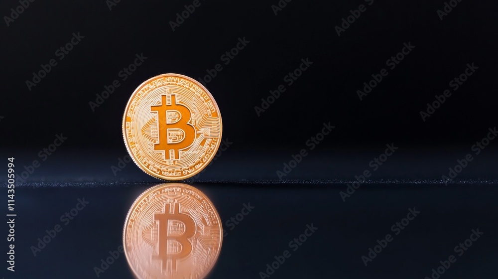 Aufkleber Neon Bitcoin Logo on Reflective Surface with Blockchain Nodes Cryptocurrency and Fintech Concept in HD