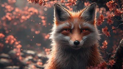 Red fox, glowing eyes, cherry blossoms.