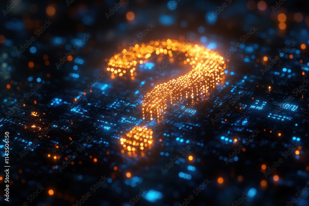 Poster Glowing Question Mark in Binary Code Illuminated with Neon Blue Lights in a Digital 3D Rendering