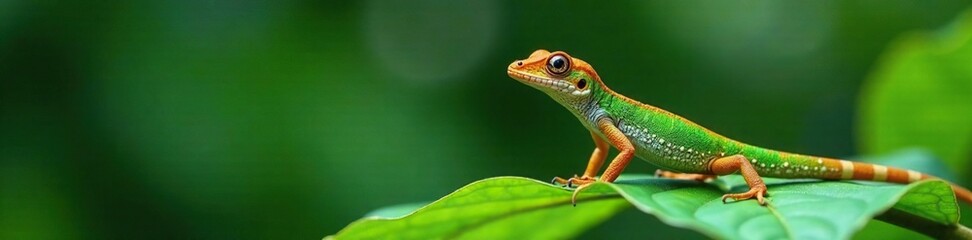 Naklejka premium Anolis crestado perched on a leaf with its distinctive crest raised, forest, arboreal