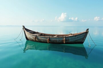 An old wooden fishing boat floats gently on the surface of a calm body of water, boat in water, sailing ship