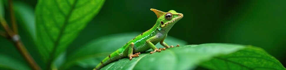 Fototapeta premium Anolis crestado perched on a leaf with its distinctive crest raised, green anole, crested anole