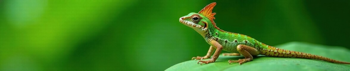 Fototapeta premium Anolis crestado perched on a leaf with its distinctive crest raised, nature, lizard, reptile