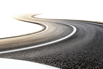 a winding asphalt road with a white lane divider stretches towards the horizon. disappearing into a transparent background the road is slightly blurred. creating a sense of movement and speed