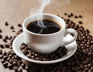 Steaming Cup of Coffee with Roasted Beans