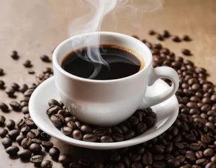 Gordijnen Steaming Cup of Coffee with Roasted Beans © 'Azyyati