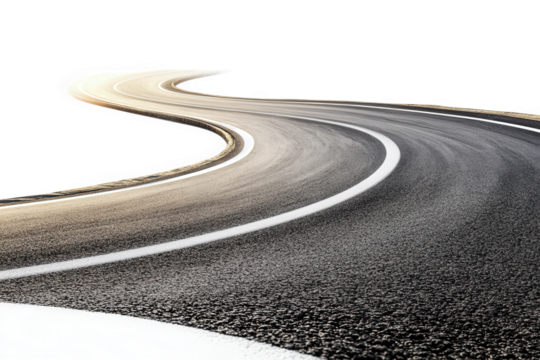 a winding asphalt road with a white lane divider stretches towards the horizon. disappearing into a transparent background the road is slightly blurred. creating a sense of movement and speed