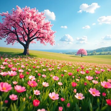 An open field filled with flovers and blooming almond trees in the background, spring flowers, alfalfa