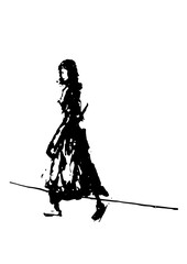 Fototapeta premium walking woman ink drawing street sketch silhouette