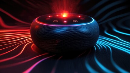 An illustration of a smart speaker emitting glowing sound waves