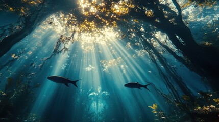 Obraz premium Sunbeams illuminate two fish swimming in an underwater forest. Perfect for illustrating aquatic life, nature documentaries, or environmental themes.