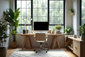 Fototapeta premium Modern home office with computer monitor on wooden desk paired with a comfortable chair, surrounded by large windows in room with natural light. A lush plant and home decor in workspace interior