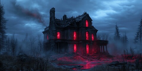 Obraz premium A haunting, dilapidated mansion with glowing red windows amidst a dark, eerie landscape.