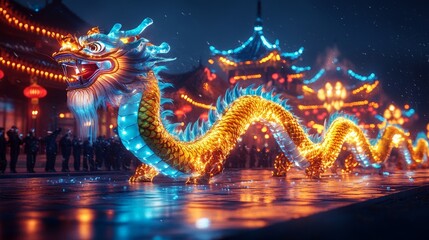 Obraz premium A vibrant dragon serpent illuminated at night during a traditional festival celebration.